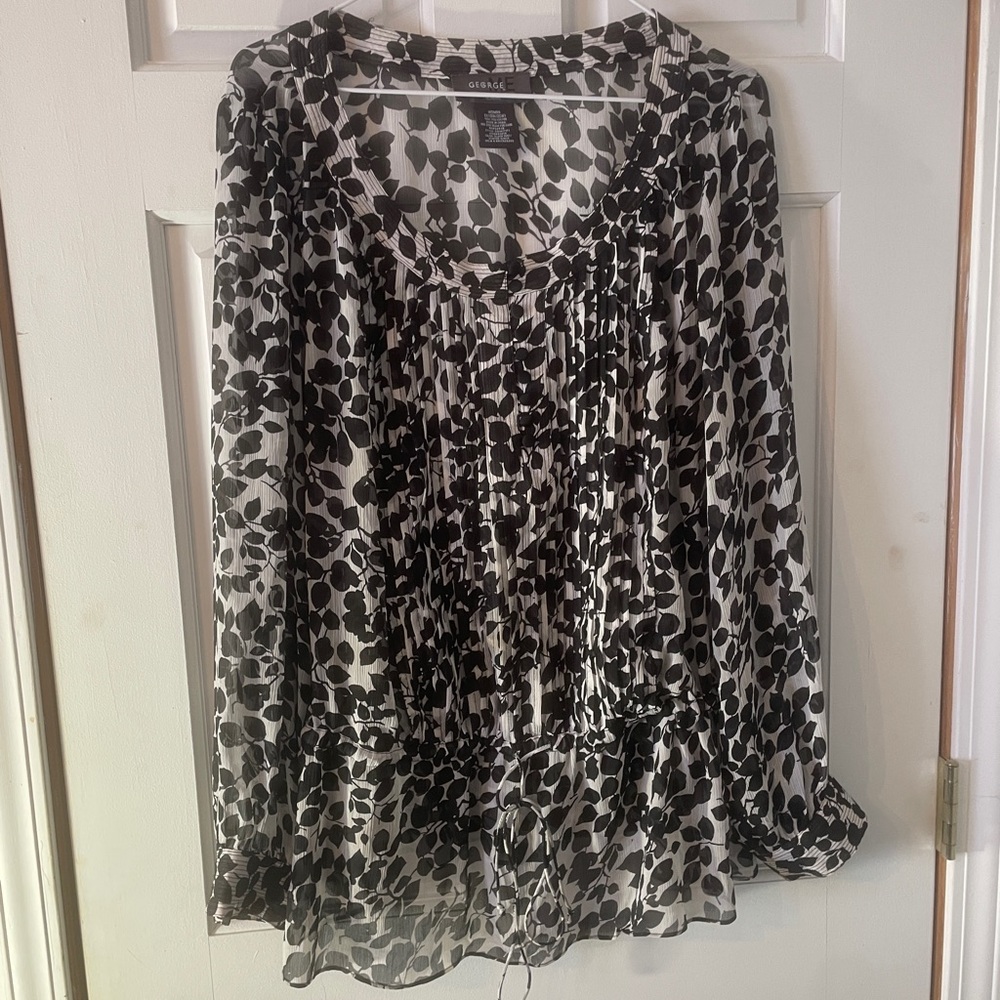 George Black and White Ruffled Bib Collar Blouse. Flowy and comfortable
